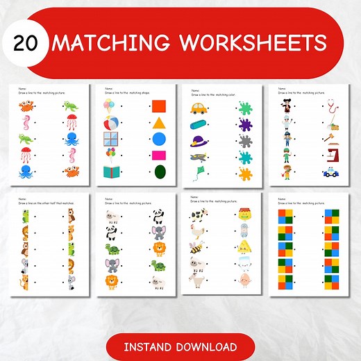 Matching Worksheets Printable Preschool Activity PDF - Etsy