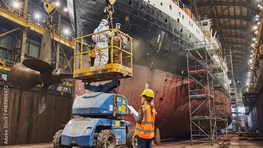 heavy machinery and scaffolding support marine propeller maintenance, industrial team conducting detailed repair and inspection of giant ship propellers surrounded by scaffolding
