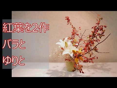 【紅葉の生け花２作品（①バラ ②大輪ゆり）どちらの生け花～】__秋の花