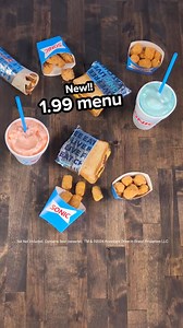 There's something for everyone on our $1.99 Menu - Tots, Popcorn Chicken, Cream Slushes and more. Tax Not Included. Contains flour (sesame). TM & ©2024 America's Drive-In Brand Properties LLC | Sonic Drive-In | Facebook