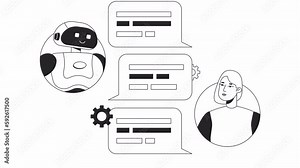 Conversational AI bot bw animation. Animated chatbot and human female user 2D flat monochromatic thin line characters. 4K video concept footage with alpha channel transparency for web design Stock Video