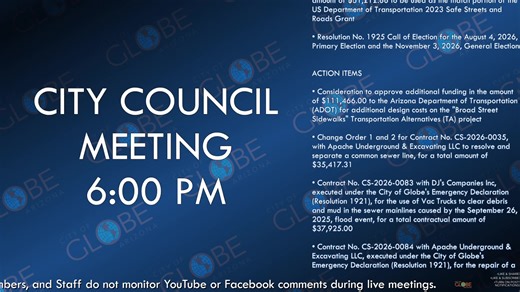 CITY COUNCIL MEETING - January 28, 2026 Agenda for this meeting can be found at https://shorturl.at/gkrHK | City of Globe