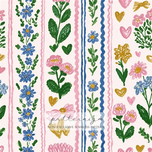 Seamless Floral Stripe Pattern Digital Download – Painted Blue Flowers, Pink Borders & Hearts, Girly Vintage Repeat for Fabric - Etsy
