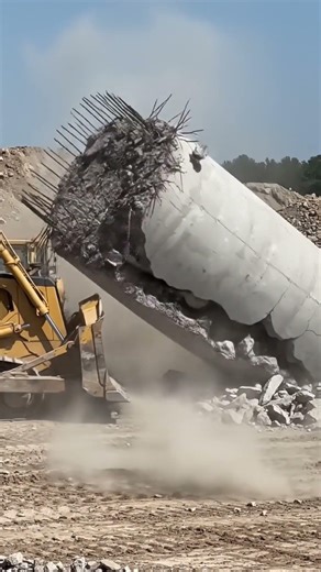 bulldozer demolishing a pillar,