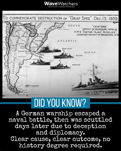 💭Did you know ...the Battle of the River Plate was the first major naval clash of World War II, and it ended without a clear battlefield winner? On December 13, 1939, the German pocket battleship Admiral Graf Spee faced three Allied cruisers off South America, HMS Exeter, HMS Ajax, and HMNZS Achilles. Though outgunned, the Allied force damaged Graf Spee’s fuel system badly enough to decide her fate. Trapped by diplomacy and British deception in Montevideo, the German captain chose to scuttle hi