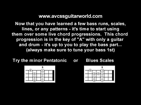 Bass Guitar Lessons, Chord Progression #1, Learn to Improvise, practice with backing tracks.