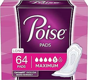 Poise Incontinence Pads, Maximum Absorbency, Long, 64 Count (Pack of 1)