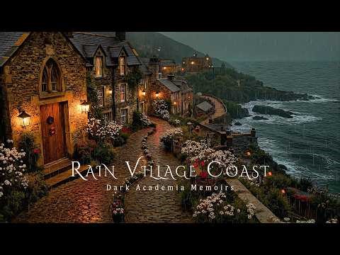 Misty Rainy Night in a Oceanfont Village Ambience | Dark Academia Sounds Ocean Waves