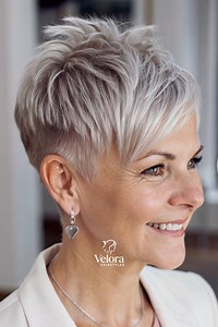 Sanfter Platin-Pixie mit tapered Nacken, verjüngender Stil ab 50, ideal für feines Haar und ovale oder lange Gesichter ✨✂️ | Kurzhaarfrisuren