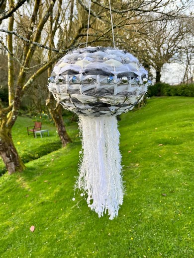 Boho Ceiling Lampshade woven grey/white fabrics, beads & yarns