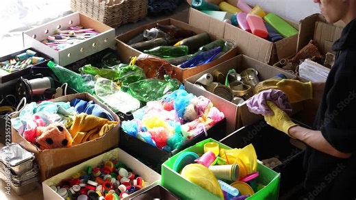 A volunteer collects and sorts recyclables at the waste collection point