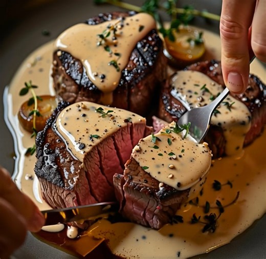 Seared Filet Mignon with Shallot Peppercorn Cream Sauce - Recipe in First Coʍmеոτ 👇 Enjoy ❤️👇 | Kitchen Flavors