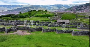 Sacsayhuaman or Saqsaywaman is one of the Inca's ruins constructions as Machu Picchu. Cusco, Peru. Aerial above view drone high resolution 4k