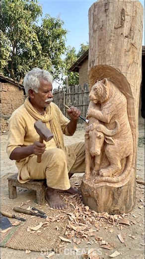 Old Villager Carves a Tiger-Hugging Buffalo!