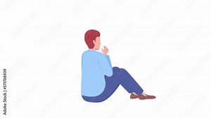 Animated thoughtful man sitting. Thinking about solutions. Problem solving. Flat character animation on white background with alpha channel transparency. Color cartoon style 4K video footage