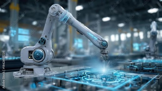 An AI-powered robotic arm works on welding metal components on a factory floor. Holographic displays provide real-time information for the process
