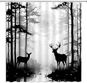Deer Shower Curtain Foggy Forest Wildlife Hunting Moon Mountain Rustic Lodge Country Farmhouse Pine Tree Outdoor Gray Bathroom Decor Fabric Curtains with Hooks