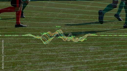 Waveform overlay growing with foot strikes as players running across pitch, aiding sports data