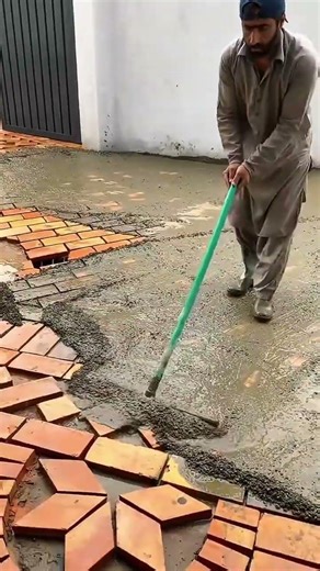 Creative brick layout forming decorative patterns on fresh cement #popular #construction #skills
