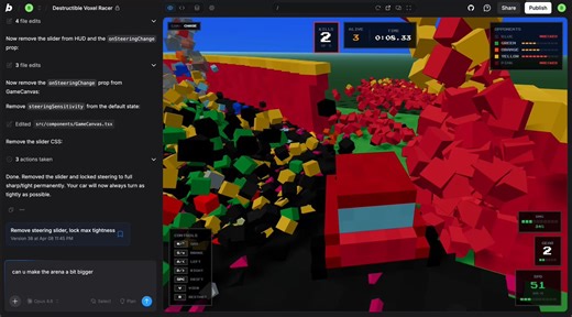 🚗 Tried to make my first voxel-based game ever with @boltdotnewIt's my first time really using Bolt, you get your regular prompt window on the left side, but any updates to your project are immediately visible on the right side as a browserI think it's much easier for non-tech people because you don't need to switch to your browser to test, and because you skip the whole deployment step, you just click Publish or say publish and it's up as a siteMy game here is inspired by Teardown, that game t