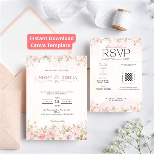 Romantic Floral Wedding Invitation Suite, Blush Pink Watercolor Template (Digital Download)