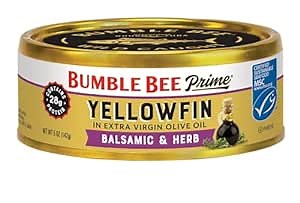 Bumble Bee Prime Balsamic & Herb Yellowfin Tuna in Extra Virgin Olive Oil, 5 oz Easy Open Cans (Pack of 12) - Wild Caught Ahi Tuna - 28g Protein - Non-GMO, MSC Certified Sustainable Seafood