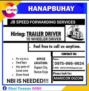 4.9K views · 67 reactions | GAPAN CITY | NOW HIRING JB SPEED FORWARDING SERVICES is looking for TRAILER (10 wheeler) DRIVER. call Ms. Maricor Dizon @ 09759669624. | Chai Tuazon News | Facebook