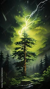 A vibrant, lime green lightning bolt streaks down from a dark and ominous sky, striking a single pine tree and setting it ablaze. The tree glows with an otherworldly, electric energy, creating