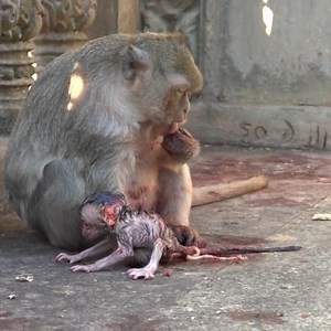 Just born baby monkey, Mom successful passed placenta #MonkeyPage | Monkey Page