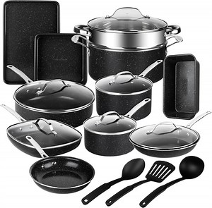 Granitestone 20 Pc Complete Pots and Pans Set Non Stick, Pot and Pan Set Cookware Set with Deep Frying Pan and Bakeware, Non Stick Pots and Pan Set with Utensils, Oven/Dishwasher Safe, Black