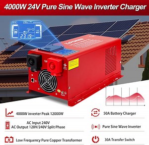 ZLPOWER 4000W 24V Pure Sine Wave Inverter with 12000W Peak, Split Phase AC Output, Battery Charger & LCD Display - UL1741 Certified for Home, RV, Marine Use