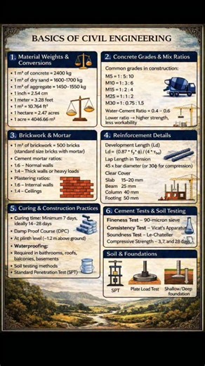 𝐁𝐀𝐒𝐈𝐂𝐒 𝐎𝐅 𝐂𝐈𝐕𝐈𝐋 𝐄𝐍𝐆𝐈𝐍𝐄𝐄𝐑𝐈𝐍𝐆 𝐒𝐭𝐫𝐨𝐧𝐠 𝐅𝐮𝐧𝐝𝐚𝐦𝐞𝐧𝐭𝐚𝐥𝐬. 𝐒𝐭𝐫𝐨𝐧𝐠 𝐒𝐭𝐫𝐮𝐜𝐭𝐮𝐫𝐞𝐬. A concise reference covering essential civil engineering principles — material weights & unit conversions, concrete grades and mix ratios, brickwork and mortar proportions, reinforcement detailing, curing methods, cement testing, soil investigation, and foundation basics. Accurate planning and proper execution are the foundation of safe, durable, and high-quality construc