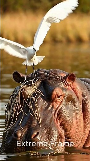 Bird helps hippopotamus #ai #horse #animals #shorts #hippopotamus