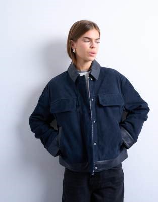 Topshop premium real suede jacket in navy | ASOS