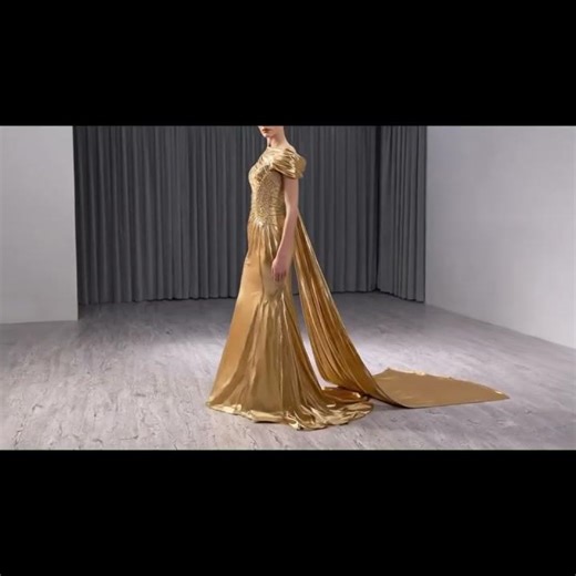 Plus Size Gold Evening Gown | Long Sleeve Split Tail Banquet Dress