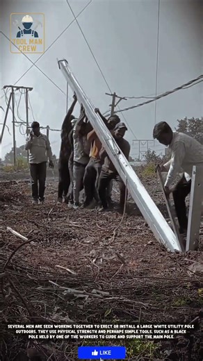 Installing a Large Utility Pole: Hard Work and Teamwork in Action