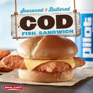 2.1K views · 156 reactions | A deliciously flaky cod fish filet fried to golden perfection, topped with cheese, on a brioche-style bun! | Pilot Flying J | Facebook