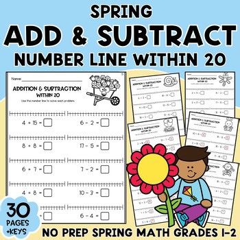 1st 2nd Grade Number Line Addition Subtraction within 20 Spring Math Worksheets