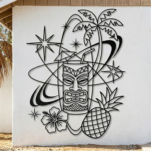 Mid Century Modern Tiki Metal Wall Art, Housewarming Gift, Retro Tropical Decor, Atomic Era Tiki Bar Sign, 1950s Patio Wall Hanging - Etsy