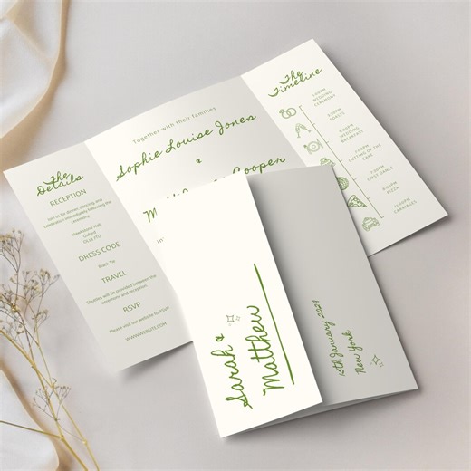 Green Gatefold Wedding Invitation Canva Template With Timeline - Etsy