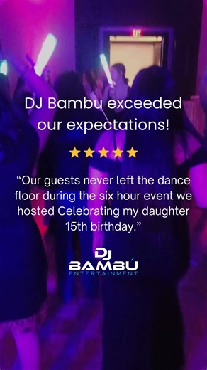 TAG someone looking for a great DJ! 😎 Full Review: DJ Bambu exceeded our expectations! Our guests never left the dance floor during the six hour event we hosted Celebrating my daughter 15th birthday. He was very professional and executed amazingly what we had planned for our event. Excellent sound and light equipment that he installed within the venue. I recommend his services 100% . Thank you the birthday party was unforgettable. #DJLlife #Quinceanera #LatinDJ #HappyClientHappyDJ #PartyRocker 