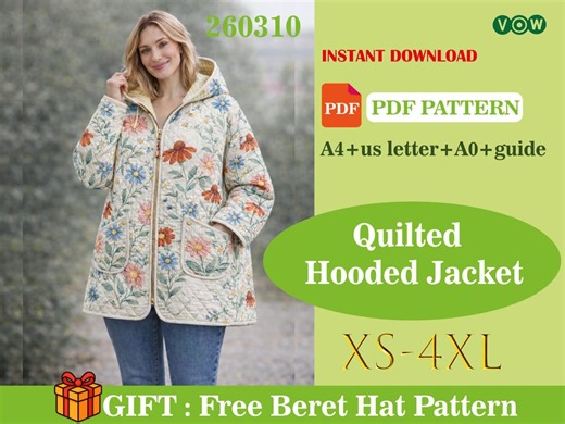 Quilted Hooded Jacket PDF Sewing Pattern Beginner Friendly Cozy Coat Pattern With Pockets Instant Download - Etsy