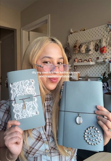 guys this was a true labor of love and im obsessed how they turned out! my own handmade leather journal covers for my everyday journals and my travel journal 🩵 • • • #journaltok #leatherjournal #diy #journal #journalinspiration