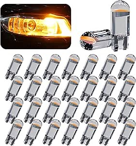 30-Pack 194 Car LED Light Bulbs, 0.36W 12V T10 6000K Interior Lights, 168 2825 W5W Wedge COB LED Replacement Bulbs, Universal for Dashboard Light, Dome Light, Sign Light, License Plate Light (YELLOW)