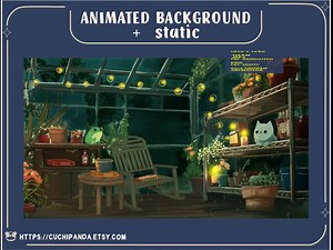 Vtuber Animated Background for Twitch, Cozy Greenhouse and Cat, Halloween Overlay, Looped Background, Cozy Ambience, Vtuber Background, - Etsy