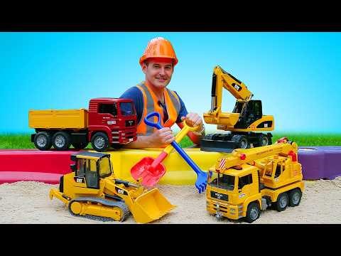 Playing with toy vehicles in the sandbox - Truck, Bulldozer, Crane, & Grader.