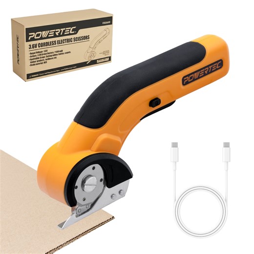 POWERTEC Cordless Electric Scissors – 3.6V Rechargeable Fabric, Cardboard & Carpet Cutter with Fast USB-C Charging, Safety Lock, and Extra Blade for DIY, Crafting & Upholstery (ESS3600)