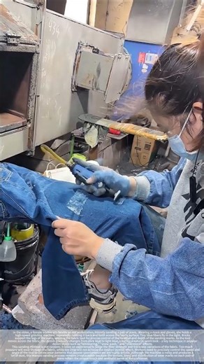 The texture, lines, and distressed details of jeans, and the manufacturing process.