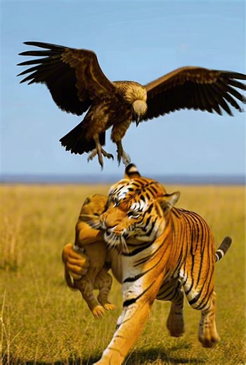 An eagle grabs the cub. The tigress hits back and takes her baby. Cinematic tiger rescue in the wild. A mother tiger snatches her cub back mid-air and escapes the eagle. One brutal moment. One clean getaway. #tiger #tigercub #wildlife #wildlifephotography #bigcats