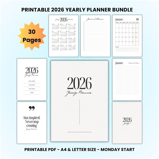2026 Yearly Planner Bundel, 2026 Monthly Calendar, Printable 2026 Planner for Kids, Home School Work Office Organizer, Printable PDF - Etsy Australia